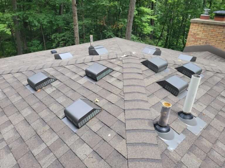 Brown shingled roof with multiple dark skylights and vents, set against a backdrop of green trees.