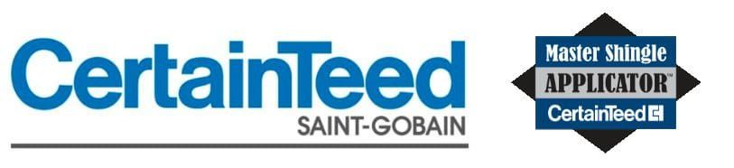 CertainTeed logo with Saint-Gobain branding and Master Shingle Applicator certification badge.