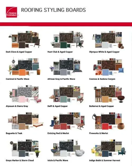 Owens Corning Roofing styling boards with color swatches.