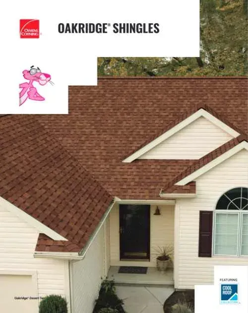Roof of a house with brown Oakridge shingles. The Pink Panther logo is visible.