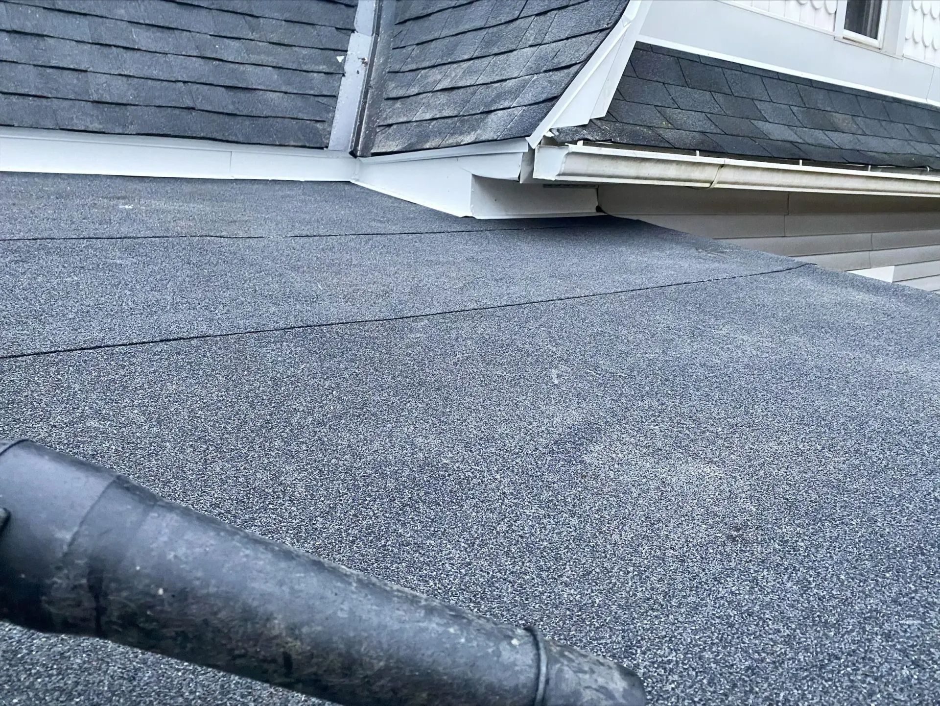 Close-up of a roof with asphalt shingles; a black blower is in the foreground.