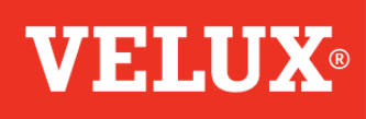 VELUX logo in white text on a red background.