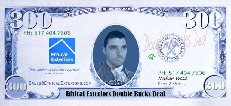 A promotional graphic resembling a $300 bill with a man's portrait, company logo, phone number, and