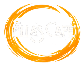 Logo del Fella's Cafe. Testo bianco all'interno di un ovale arancione a pennellate.