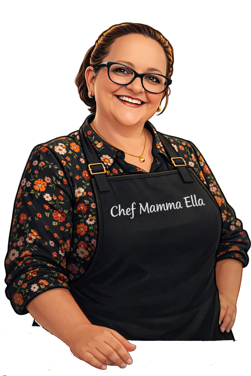 Donna con occhiali e grembiule sorride, con la scritta 