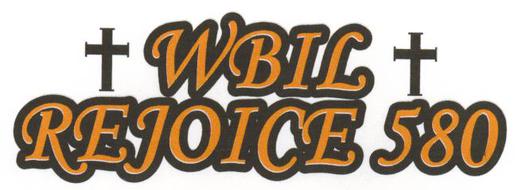 WBIL Rejoice 580 logo with cross symbols. Orange text with dark outline.