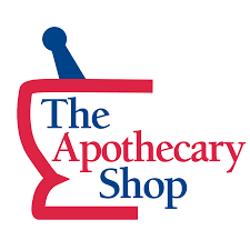 Logo: Red apothecary mortar and pestle, blue text 