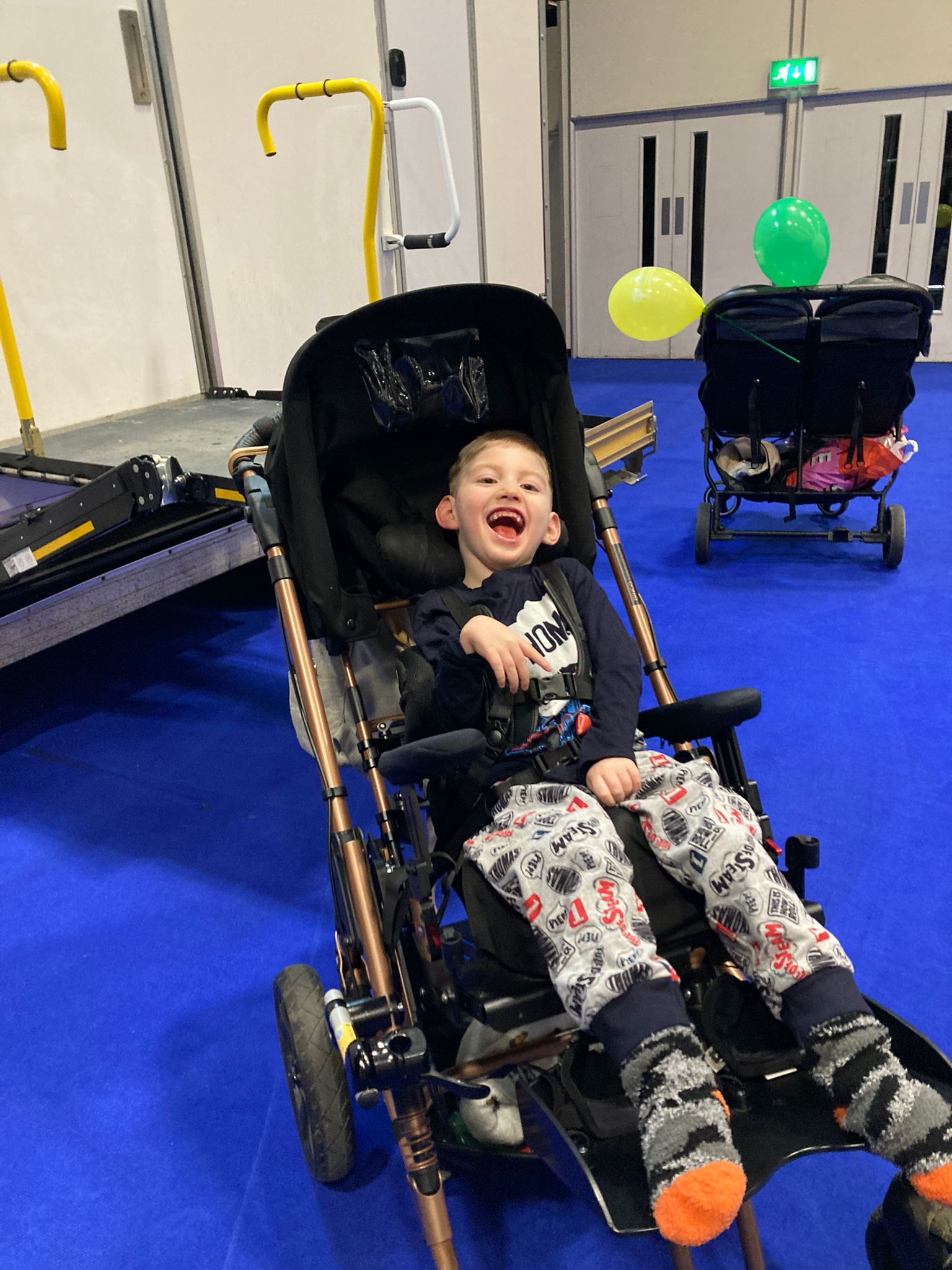 a young boy in a stroller with the word lion on his shirt