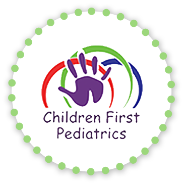 Logo for Children First Pediatrics: handprint inside a circle of arched lines, with text 