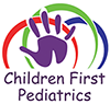 Logo for Children First Pediatrics: A purple handprint in front of overlapping red, green, and blue arches; text reads 