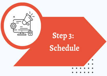 Step 3: Schedule. A computer with marketing icons inside an orange, angled shape.