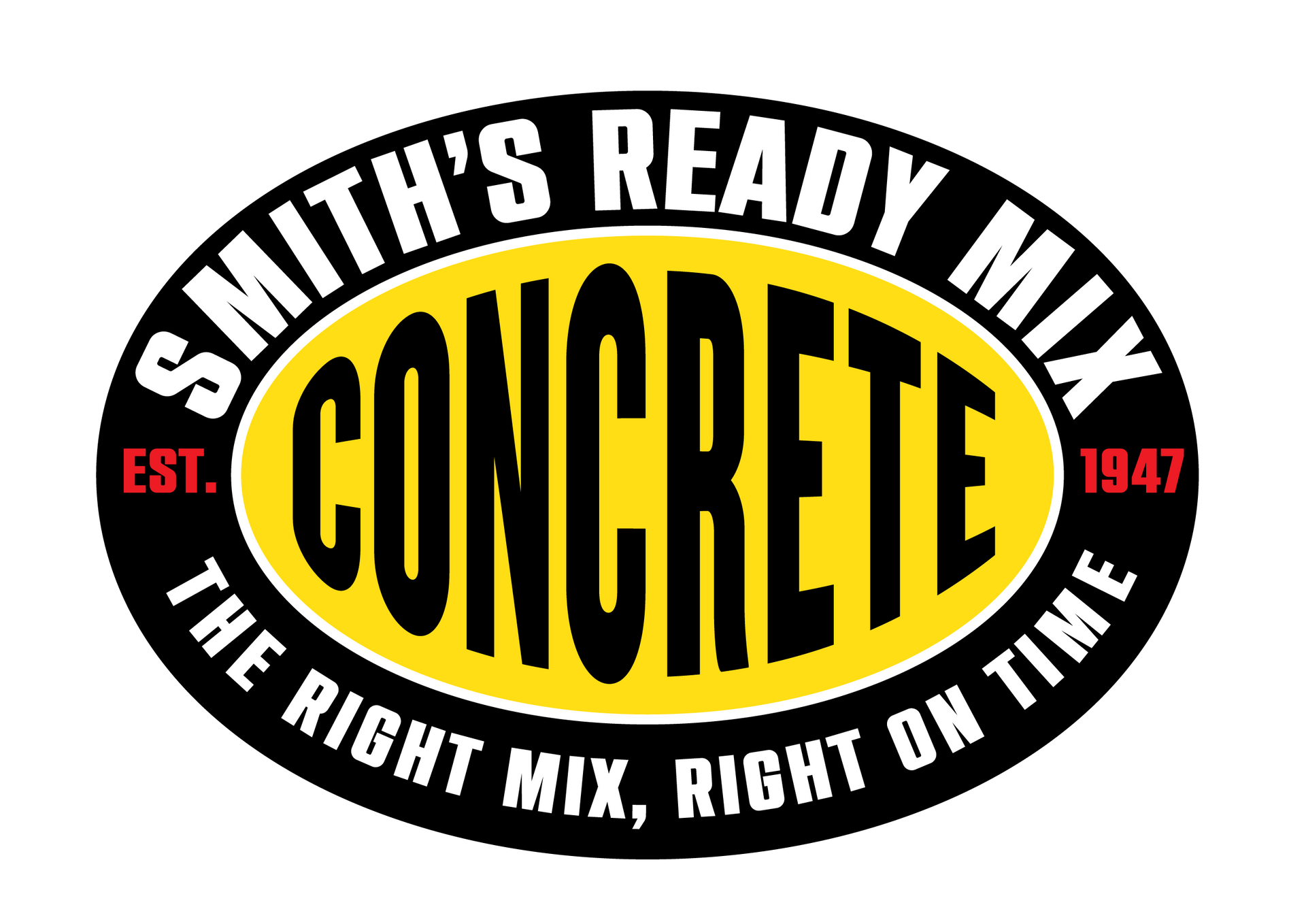 Logo for Smith's Ready Mix Concrete, black text on yellow oval within a black oval, 
