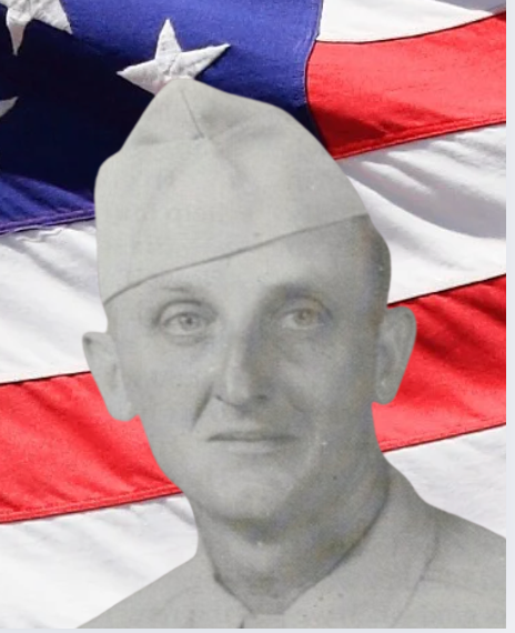 Man in military uniform, against an American flag.