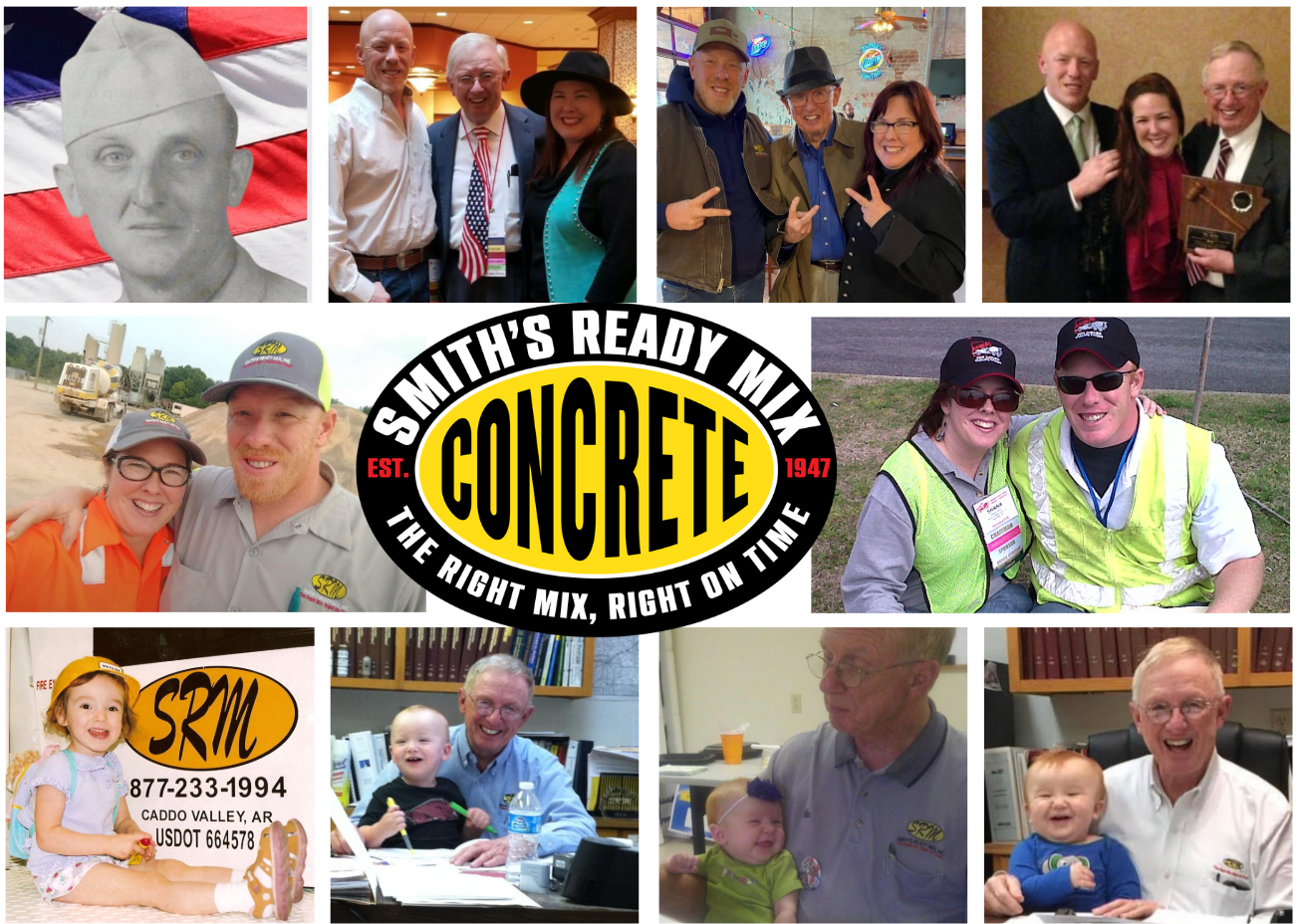 Collage of Smith's Ready Mix Concrete. Photos include veterans, employees with family, and work scenes.