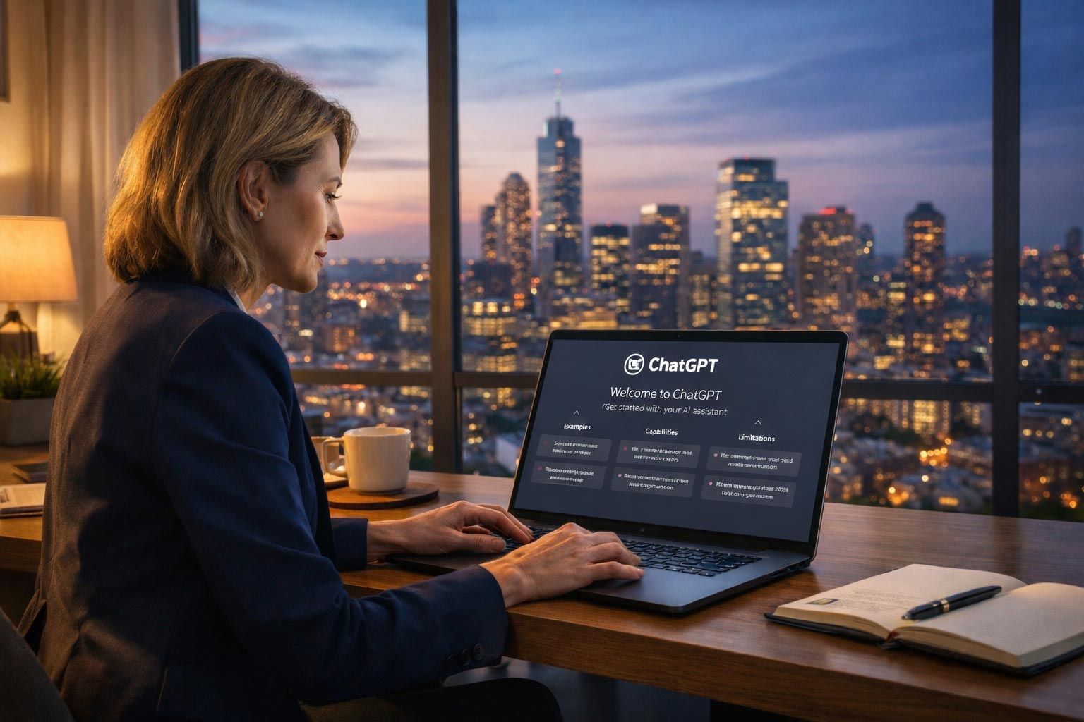 AI-generated image of an executive using ChatGPT to aid in their career pivot