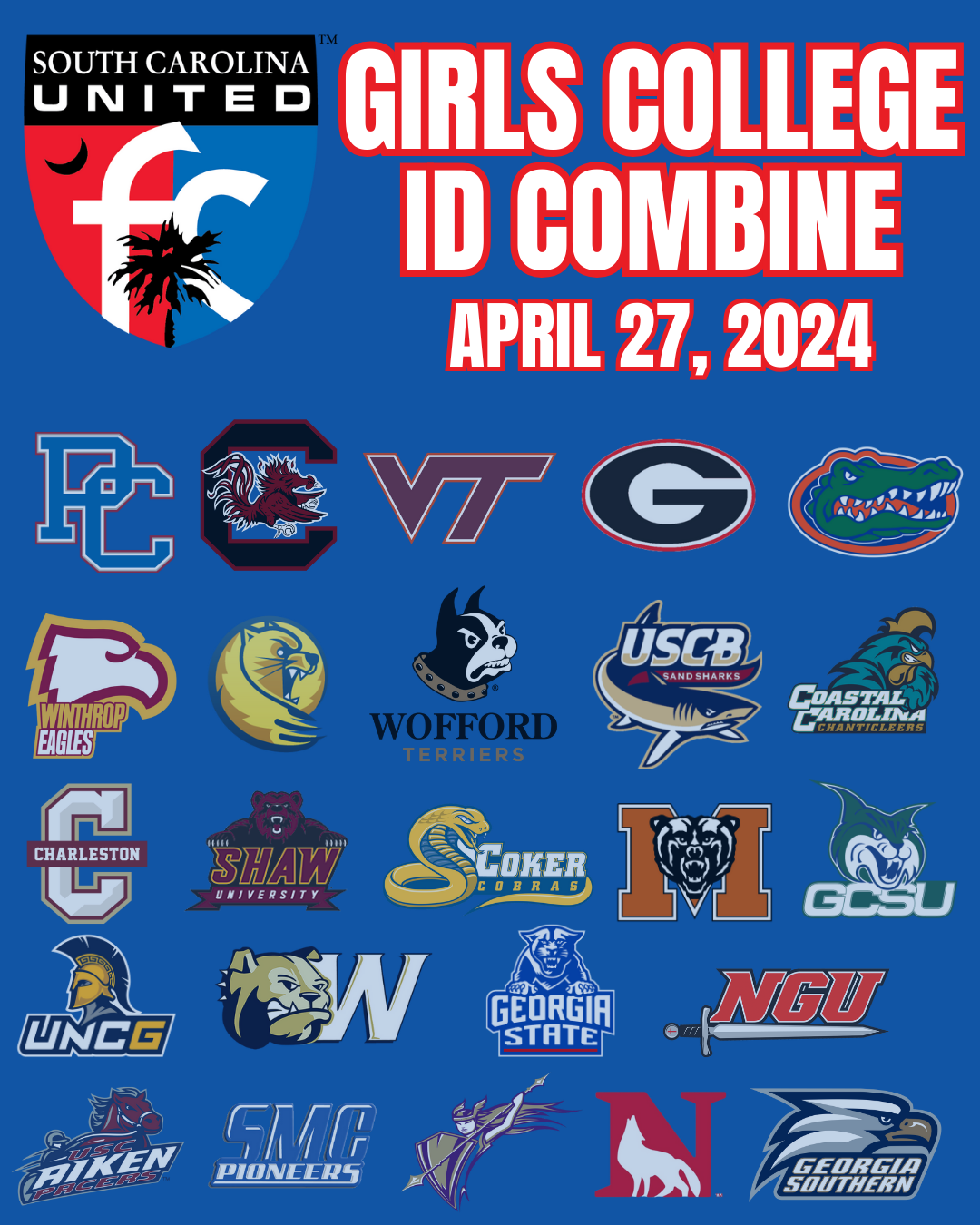 A poster for South Carolina United FC girls college id combine april 27 , 2024