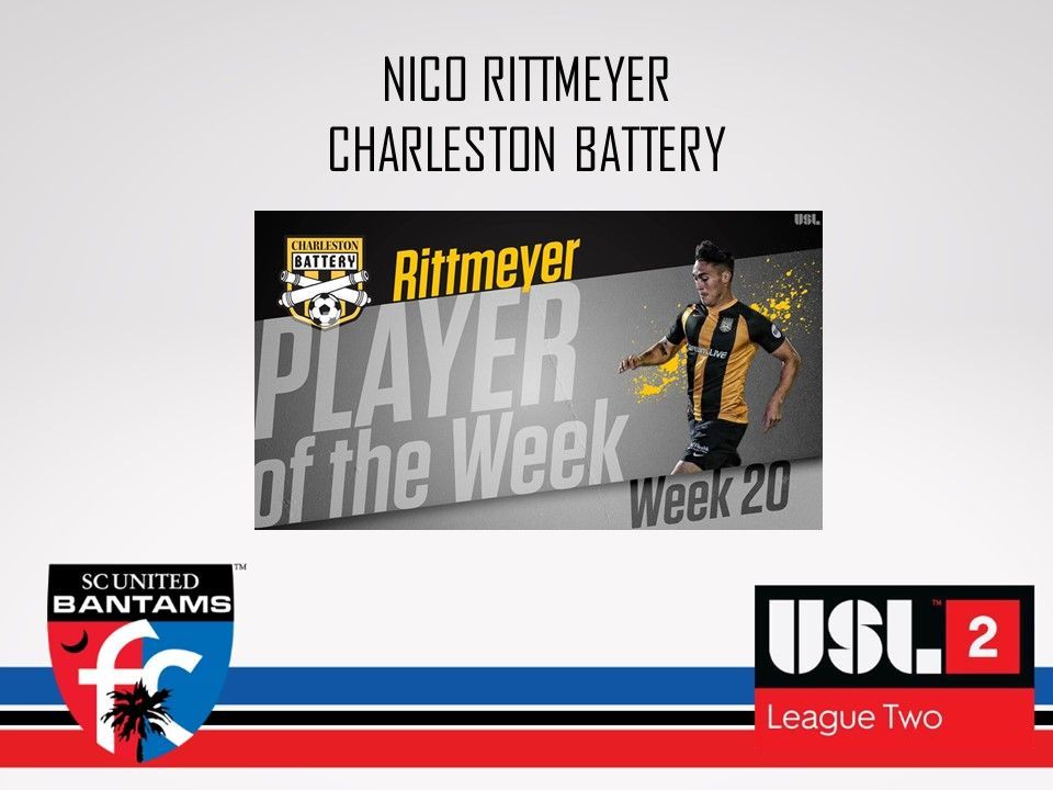 A poster for nico rittmeyer charleston battery player of the week