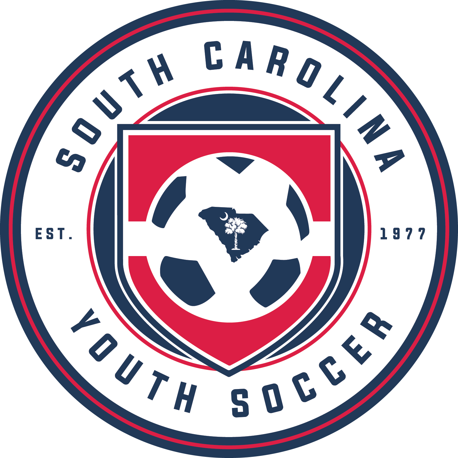 A south carolina youth soccer logo with a soccer ball in the center