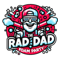 Bold cartoon logo of a smiling dad in sunglasses, red and blue, with “The Rad Dad Foam Party” text