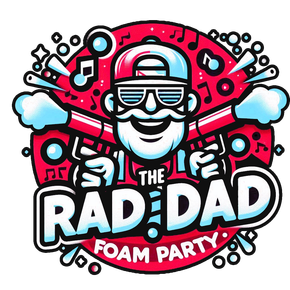 Bold cartoon logo of a smiling dad in sunglasses, red and blue, with “The Rad Dad Foam Party” text