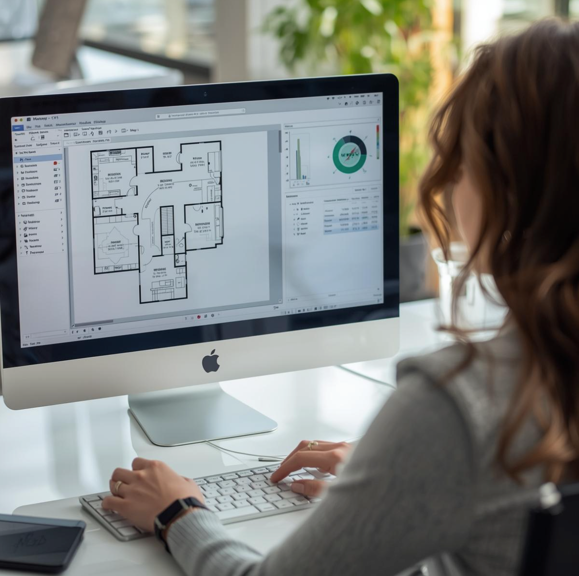 Modern white living room with a beige sectional sofa, arched windows, and a geometric patterned armchair.