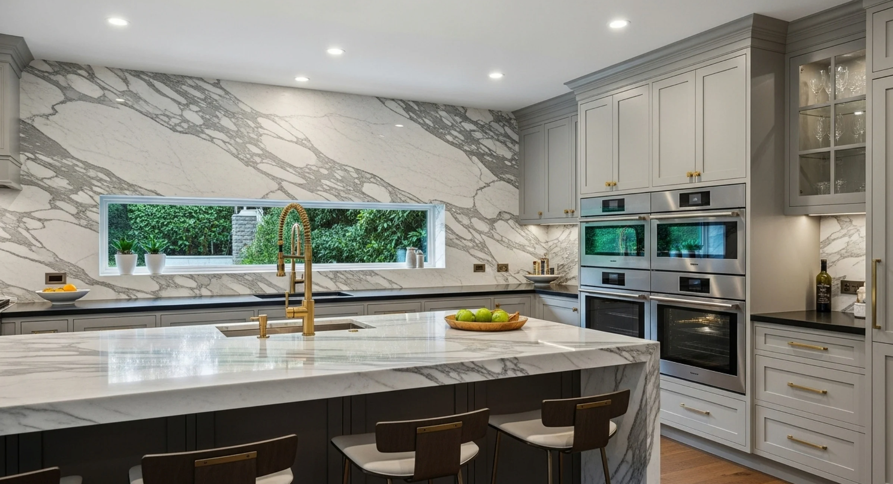 Modern white living room with a beige sectional sofa, arched windows, and a geometric patterned armchair.