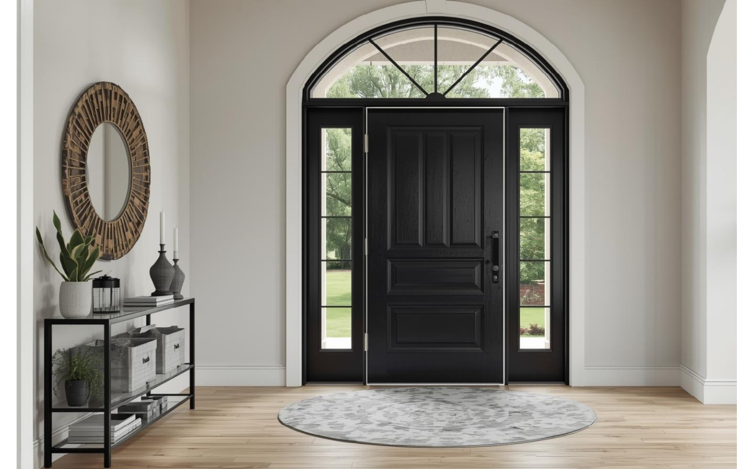 Black front door with sidelights and arched transom, leading to a green yard. Inside, a round rug, mirror, and console table.