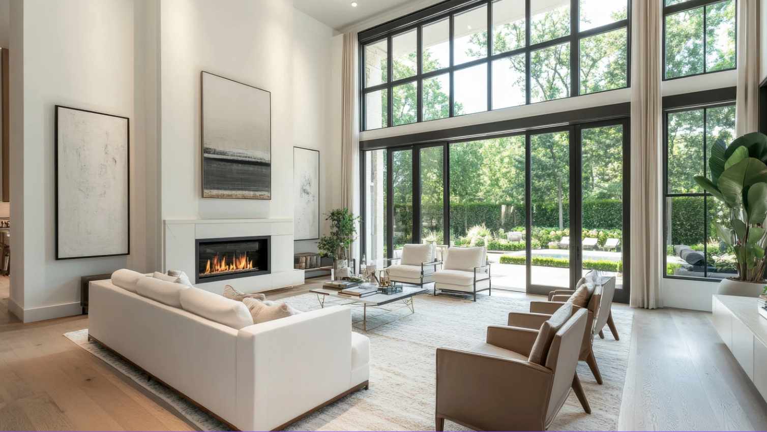 Modern white living room with a beige sectional sofa, arched windows, and a geometric patterned armchair.