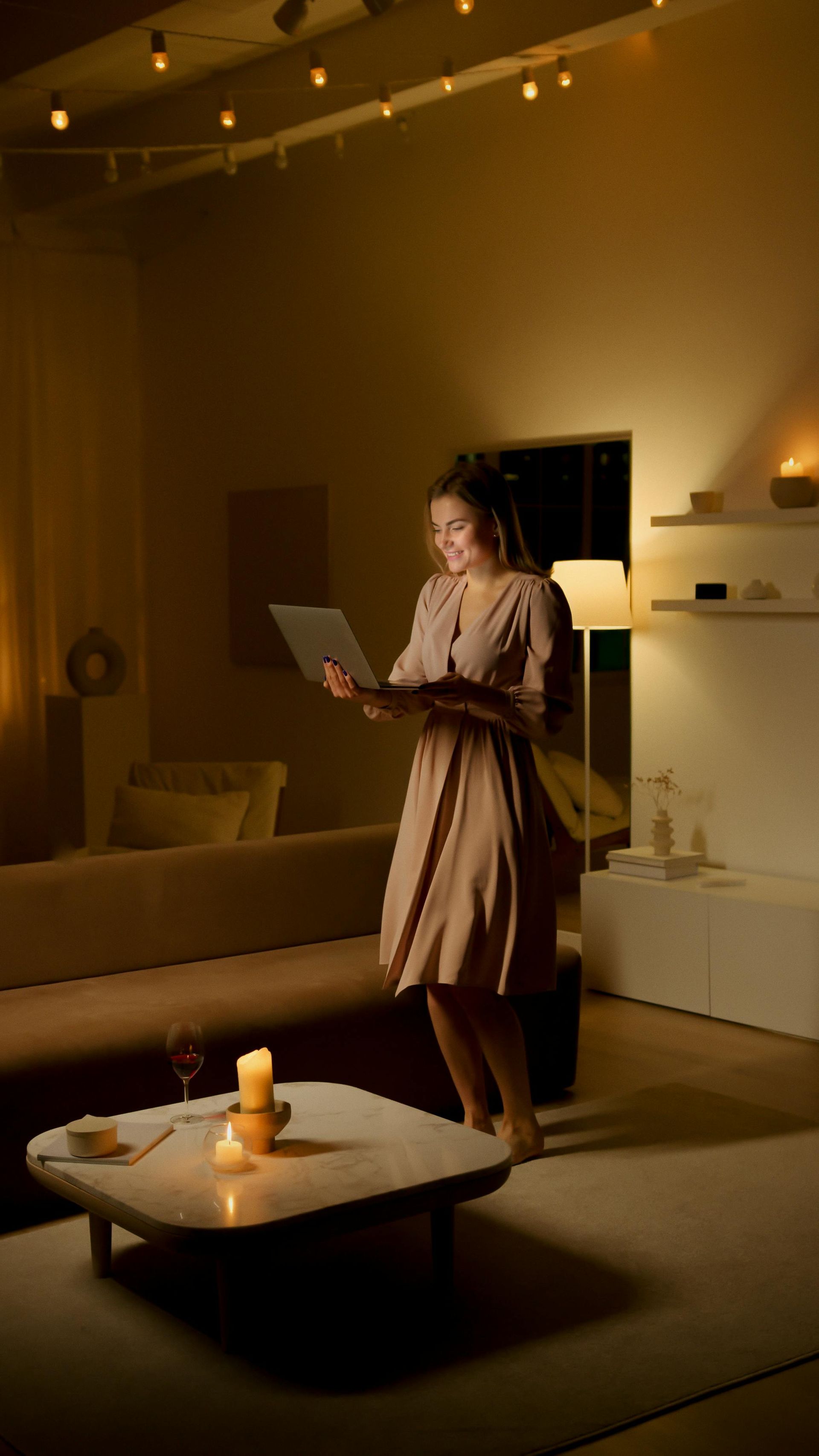 Modern white living room with a beige sectional sofa, arched windows, and a geometric patterned armchair.