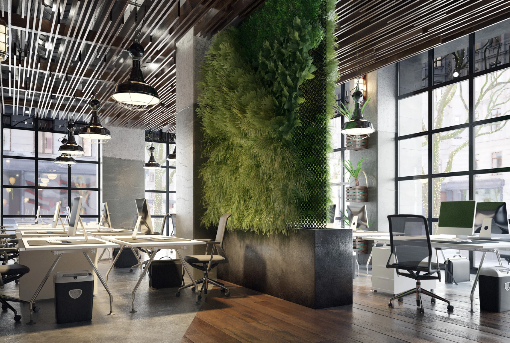 Modern white living room with a beige sectional sofa, arched windows, and a geometric patterned armchair.