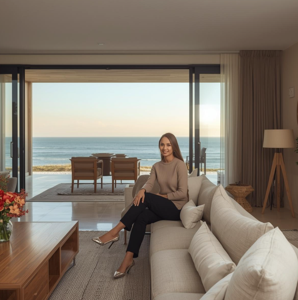 Modern white living room with a beige sectional sofa, arched windows, and a geometric patterned armchair.