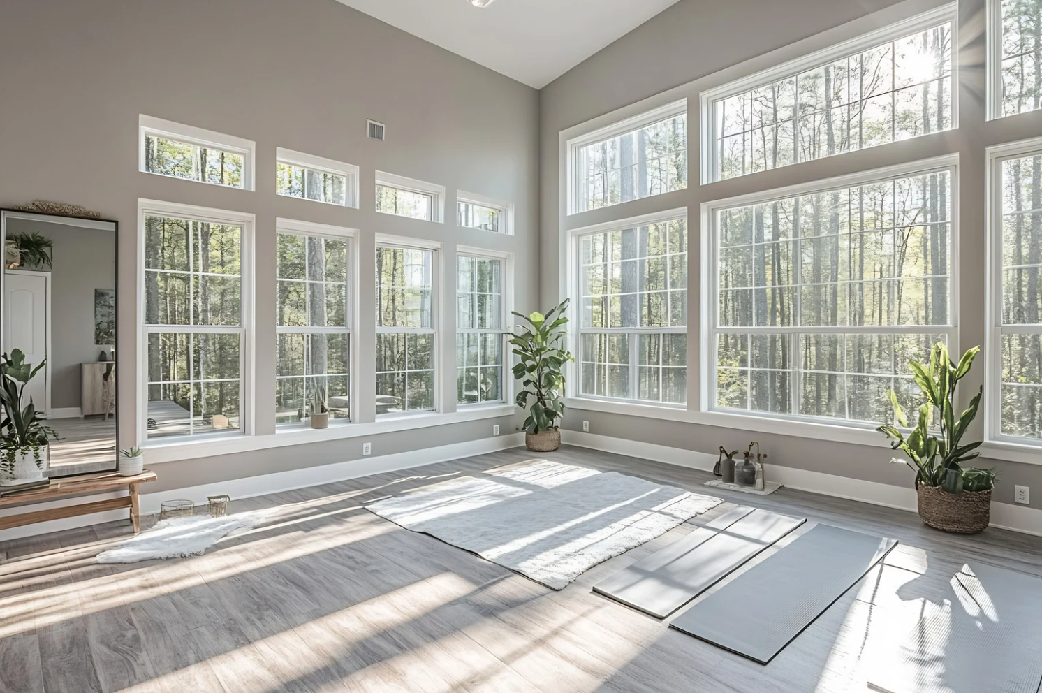 Modern white living room with a beige sectional sofa, arched windows, and a geometric patterned armchair.