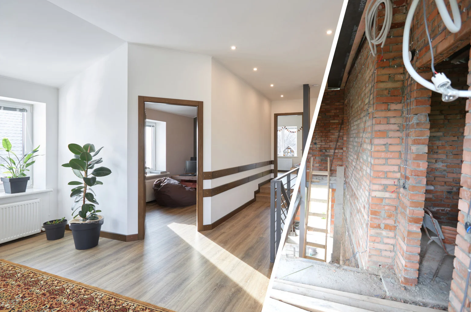 Modern white living room with a beige sectional sofa, arched windows, and a geometric patterned armchair.