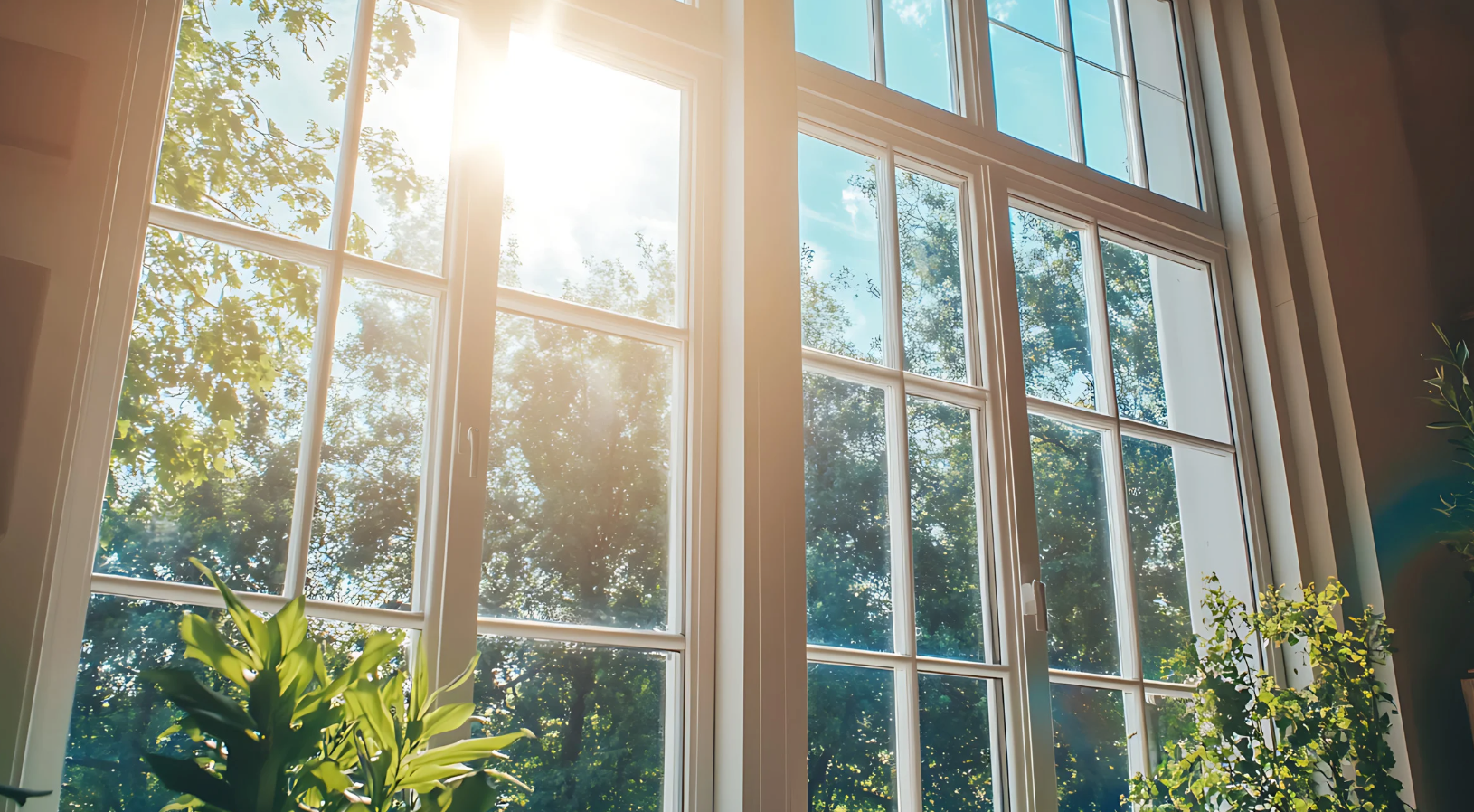 Snow-capped mountains rise above a forest with autumn foliage under a clear blue sky.