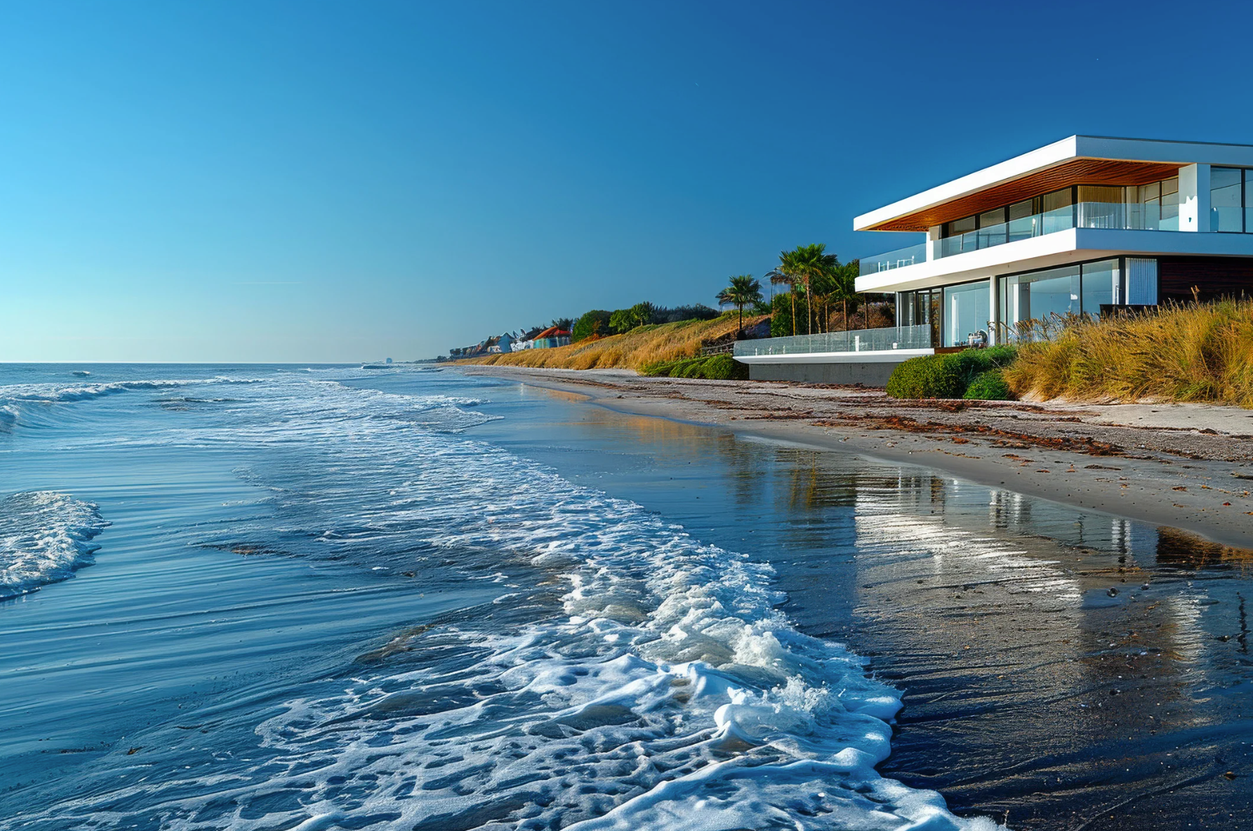 Modern white living room with a beige sectional sofa, arched windows, and a geometric patterned armchair.