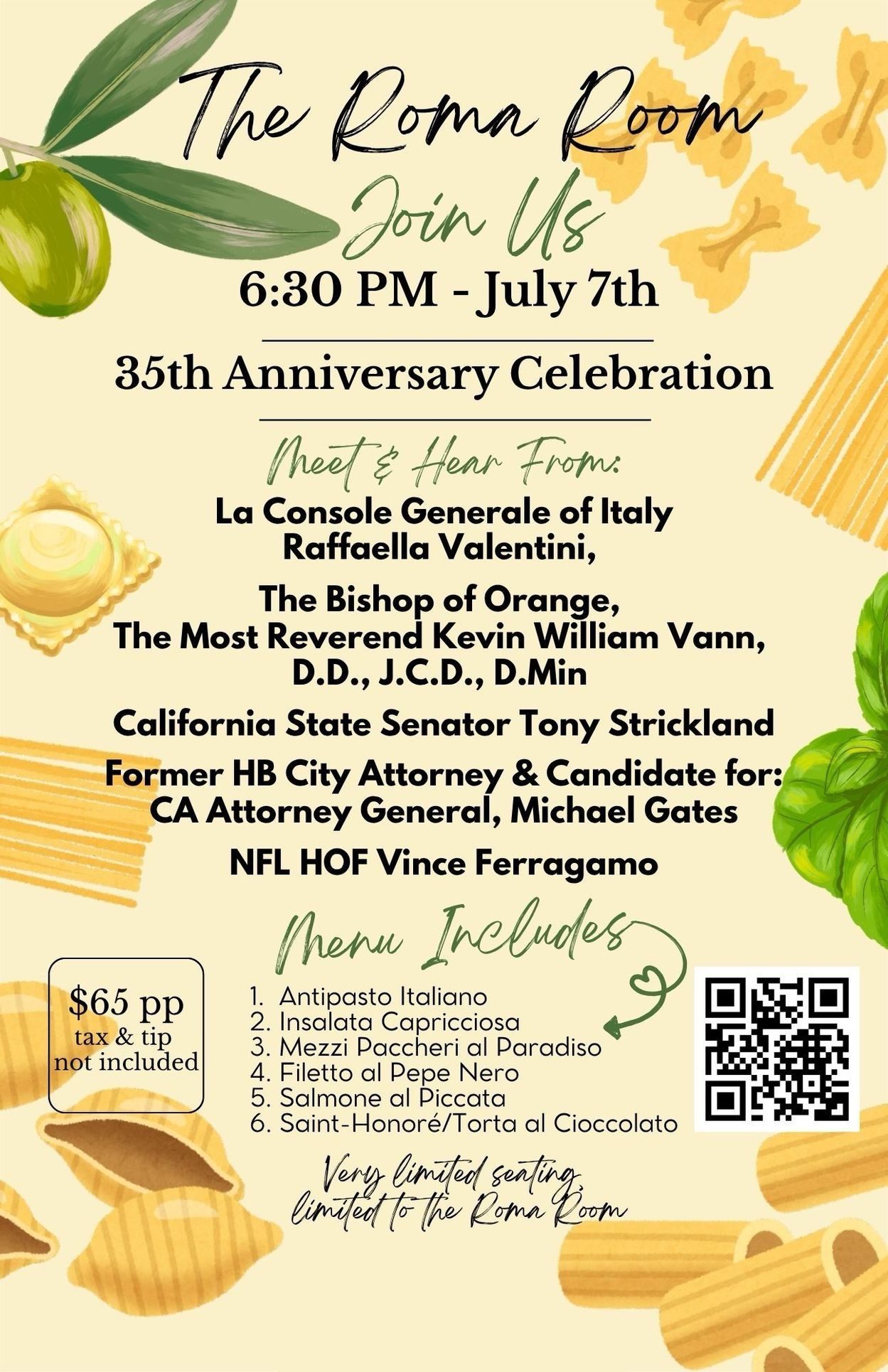 Gold-and-cream anniversary celebration flyer for The Roman Room, July 7 at 6:30 PM, with guest speakers and QR code
