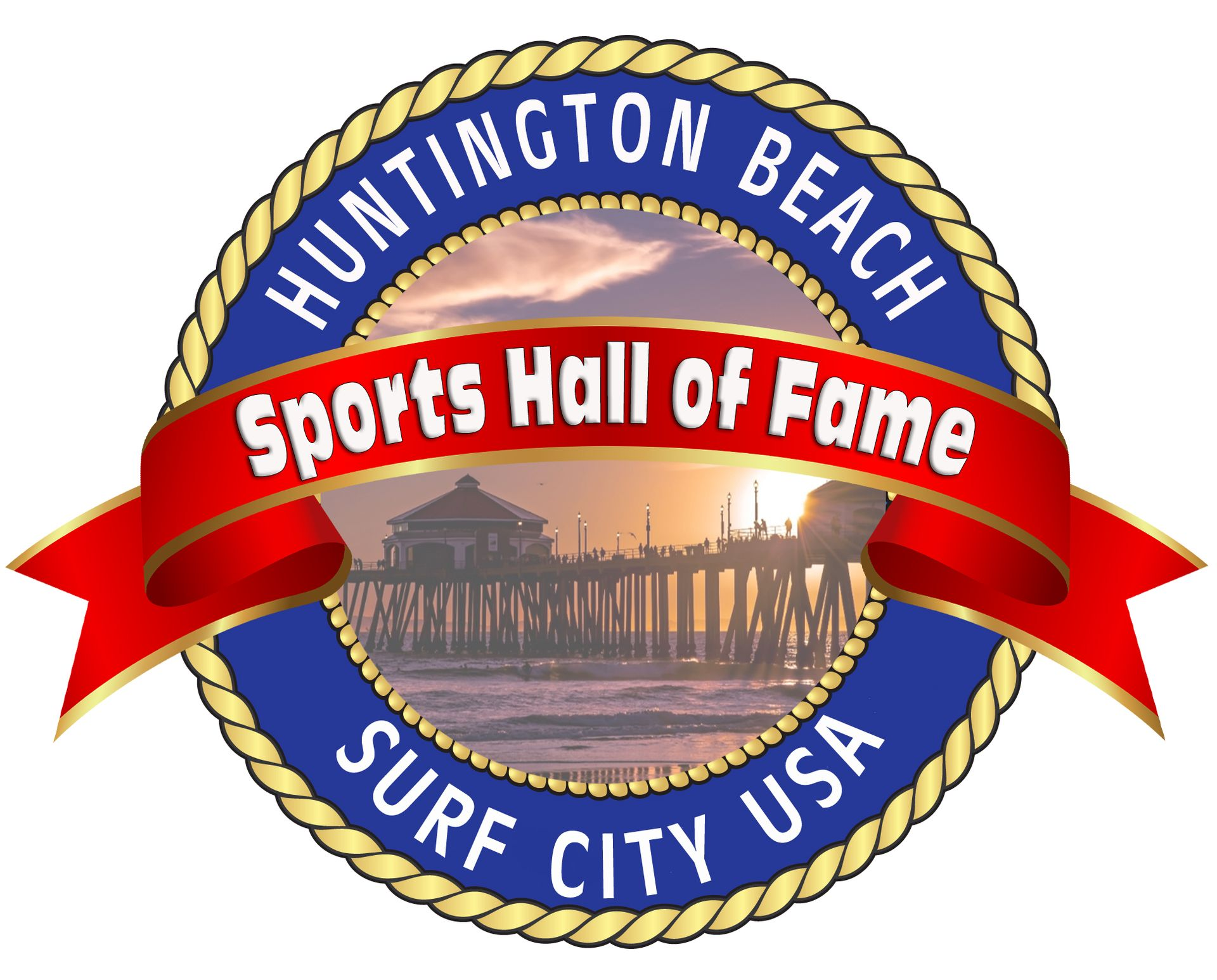 Huntington Beach Sports Hall of Fame logo: Pier silhouette, sunset, ribbon banner, text in blue and red.