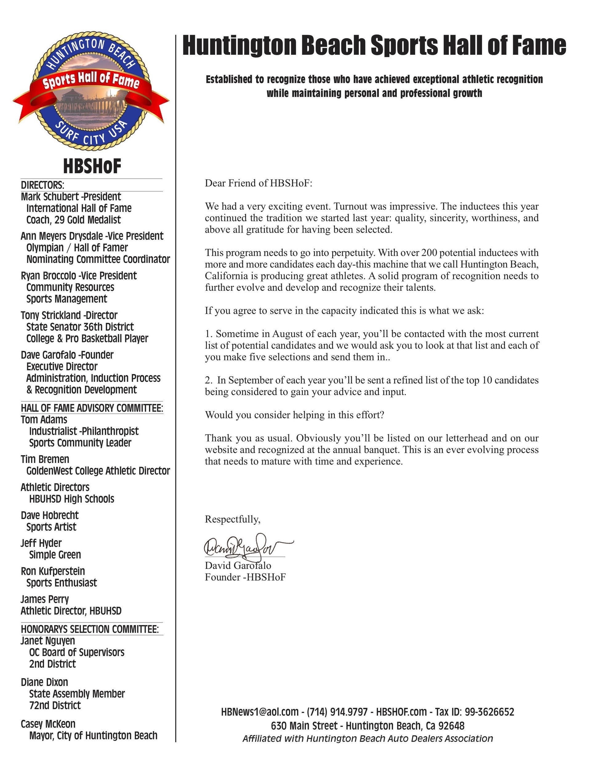 Flyer for Huntington Beach Sports Hall of Fame with event details, list of inductees, and logo.