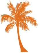 An orange silhouette of a palm tree on a white background