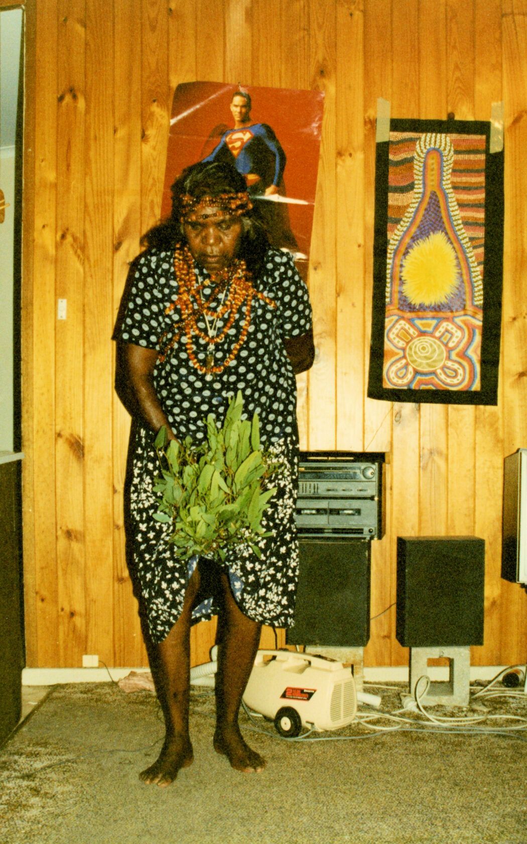 A woman in a polka dot dress is holding a plant in a living room