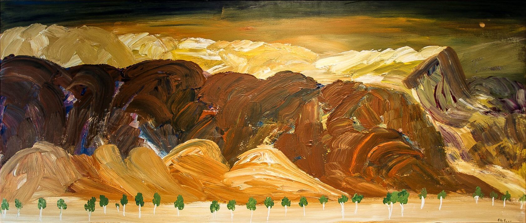 A painting of a mountain range with trees in the foreground.