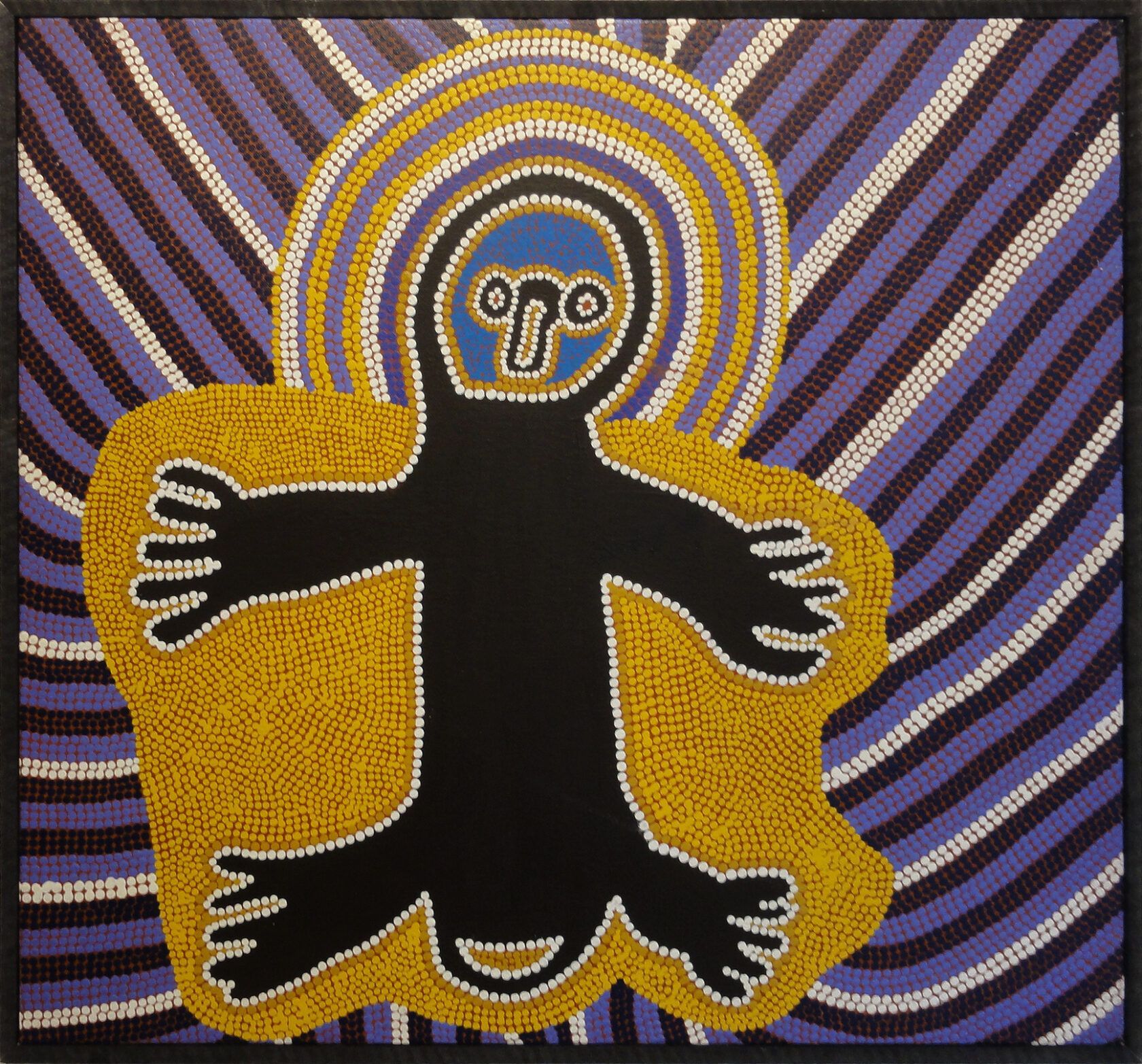 A painting of a monkey on a purple and yellow background