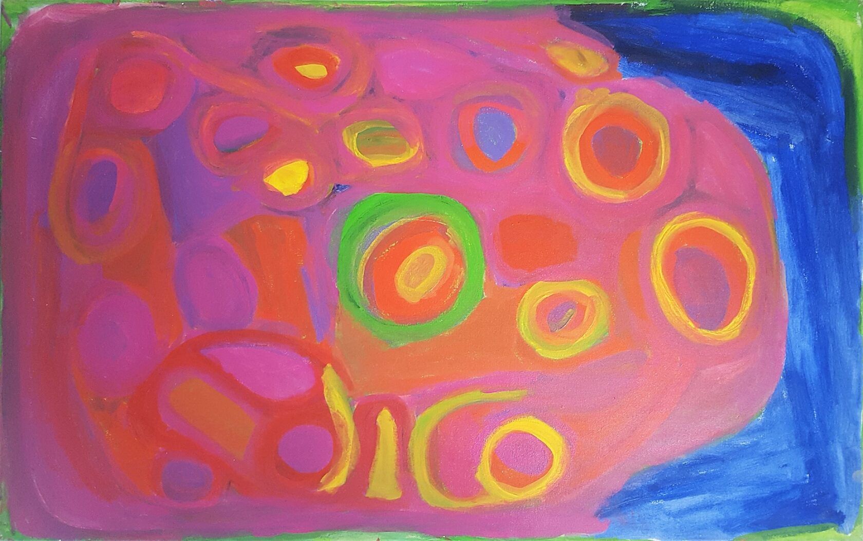 A colorful painting of circles on a pink and blue background.