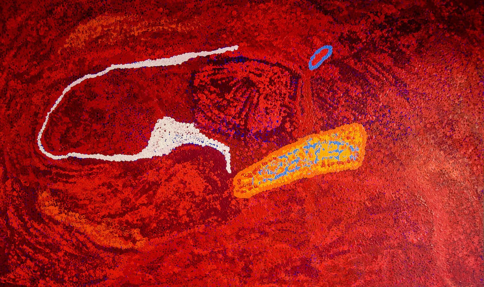 A close up of a painting on a red background.