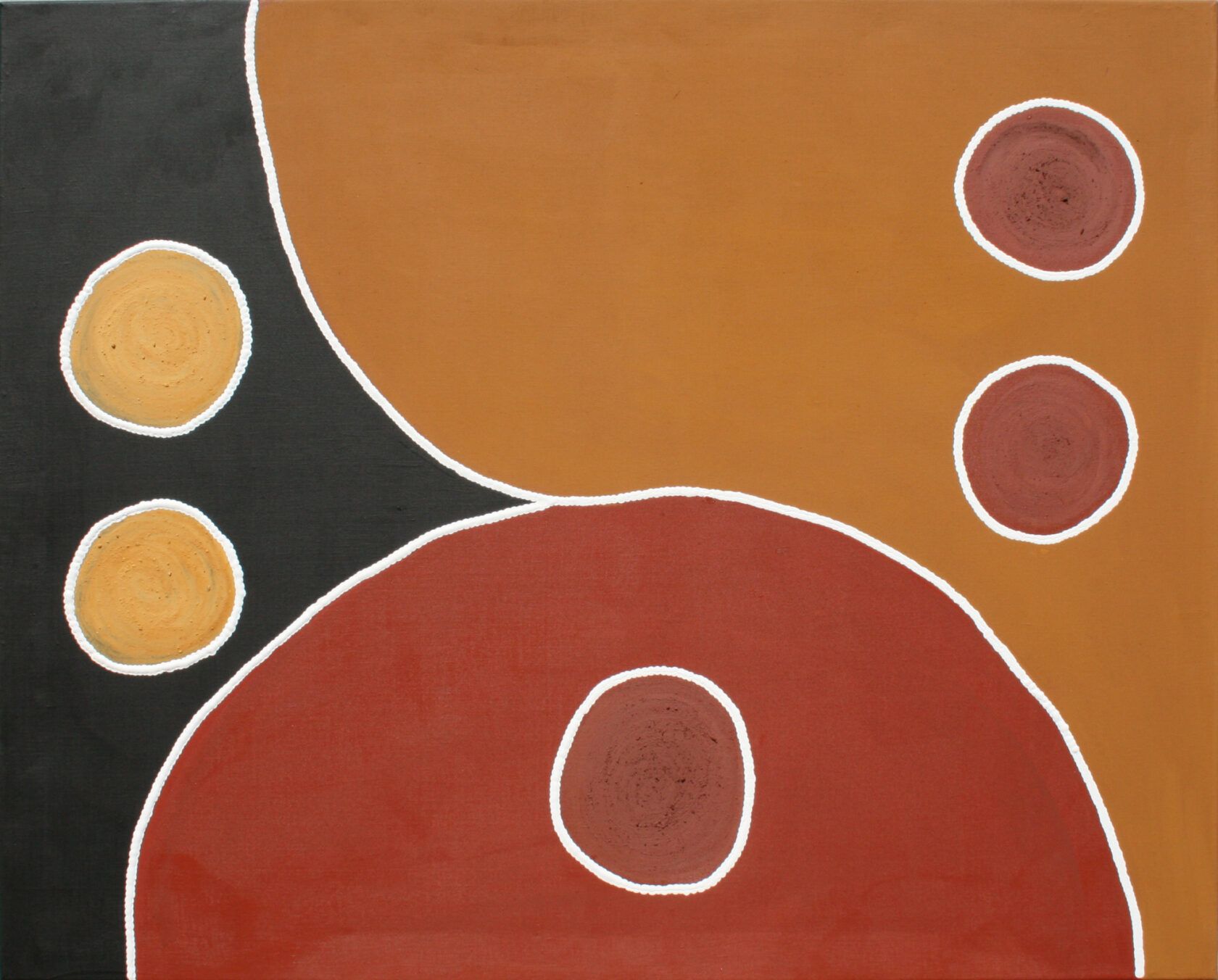A painting of three circles on a black background