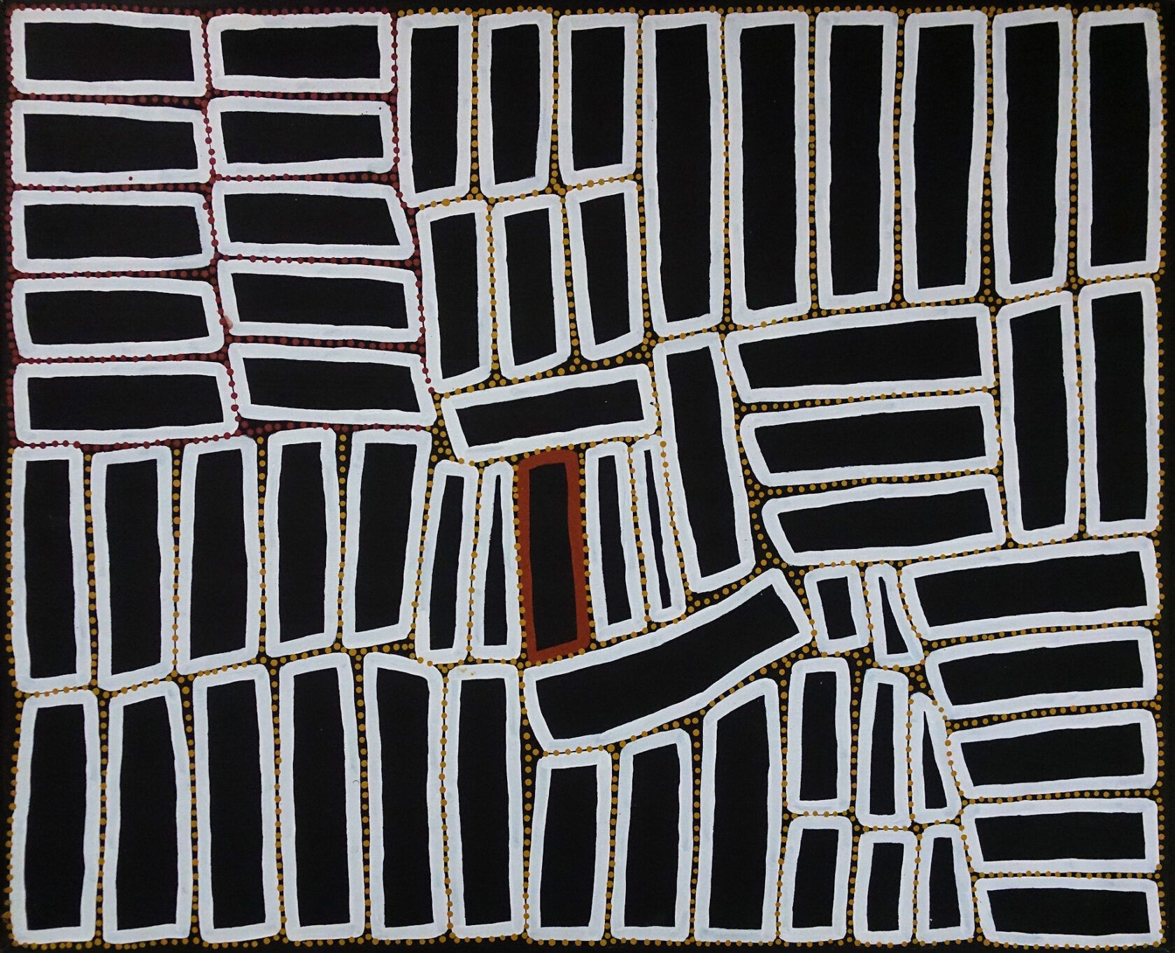 A black and white painting with a red stripe in the middle