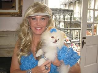 Chloe the Pomeranian in blue dress