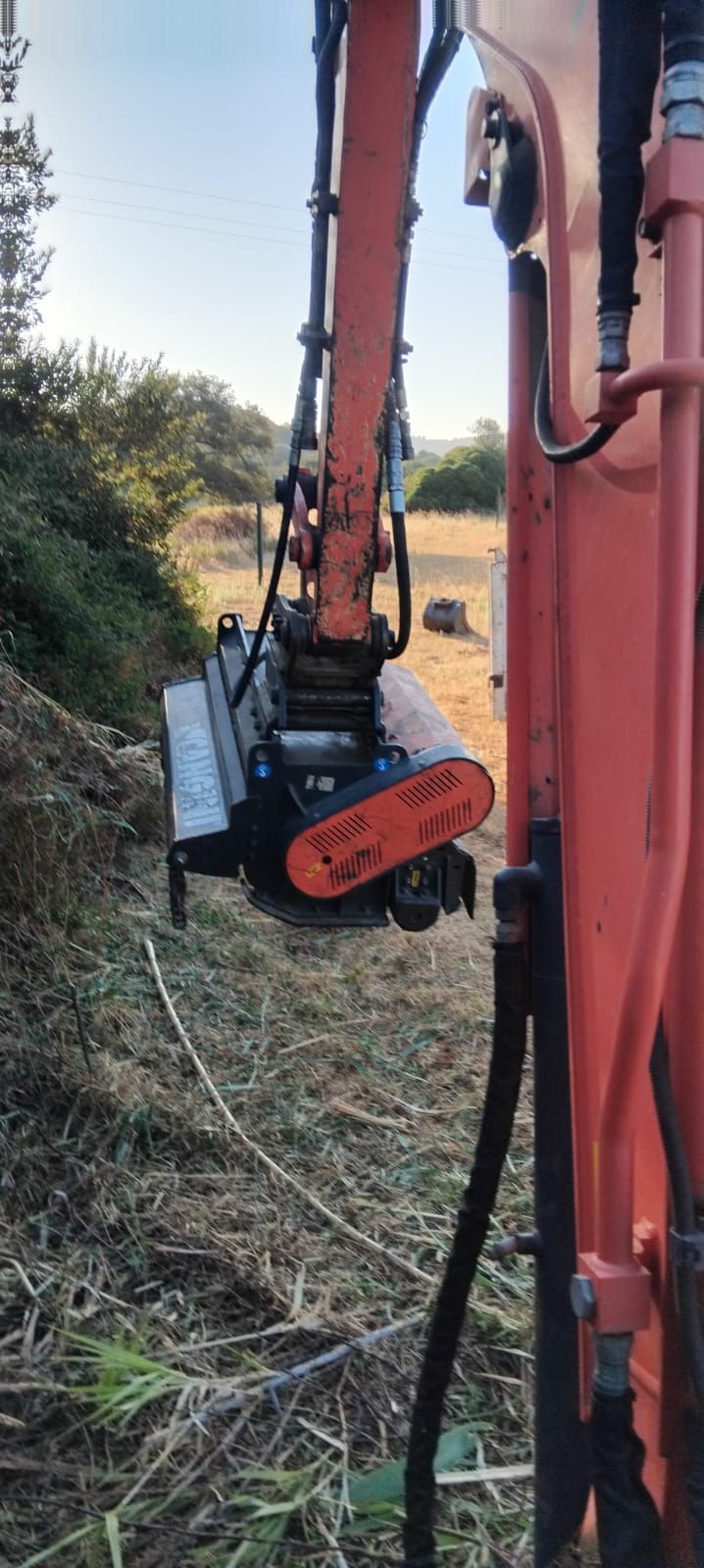 Un escavatore con un accessorio trituratore che sgombera la vegetazione da un campo.