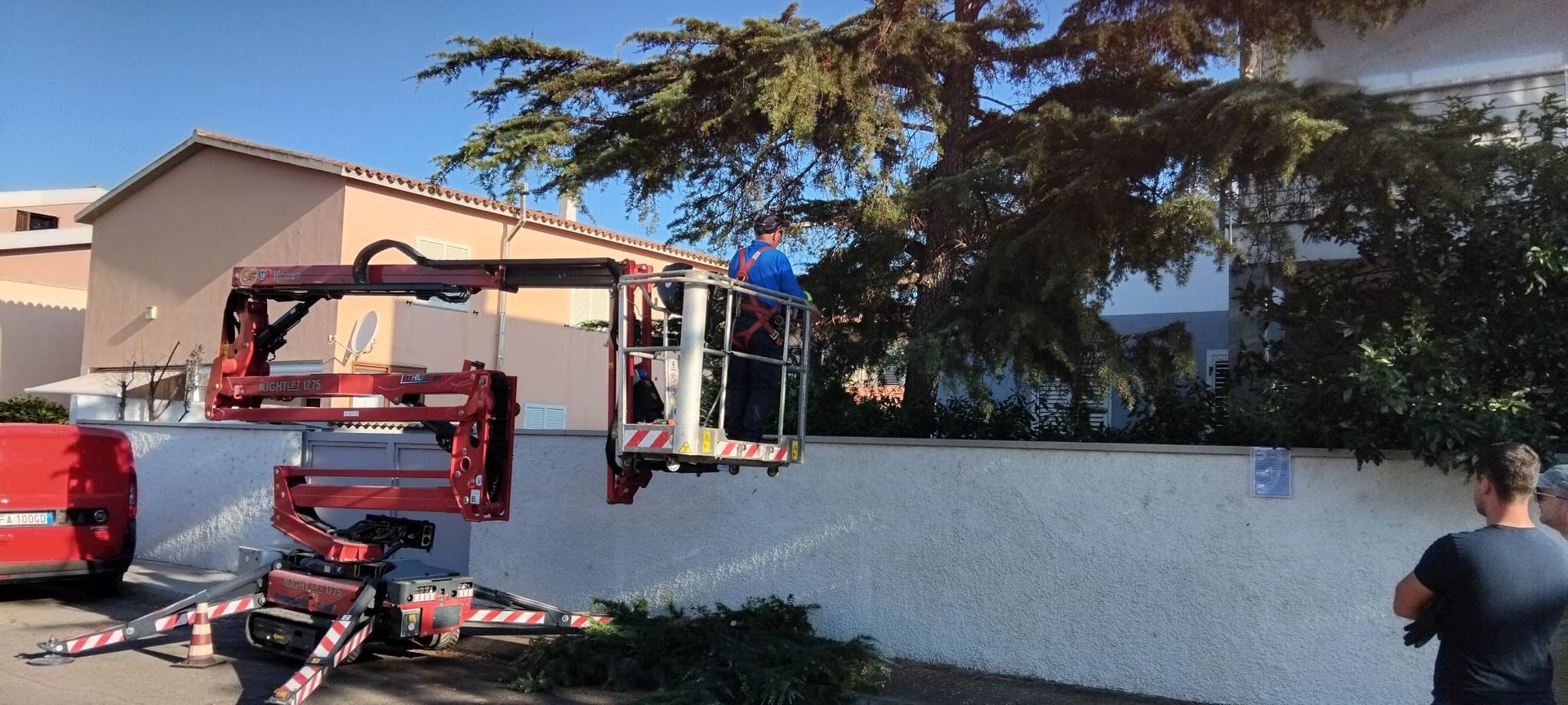 Un uomo su una piattaforma aerea pota un albero vicino a un muro bianco. Furgone rosso visibile; cielo sereno.