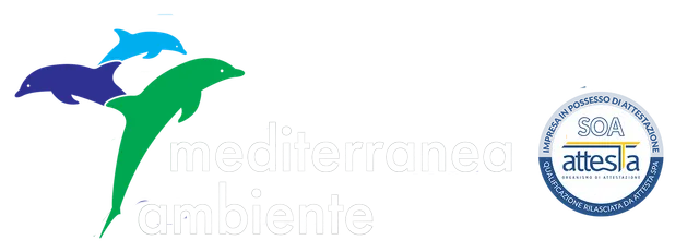 Logo di Mediterranea Ambiente raffigurante tre delfini nei colori blu e verde e il sigillo di attestazione SOA.